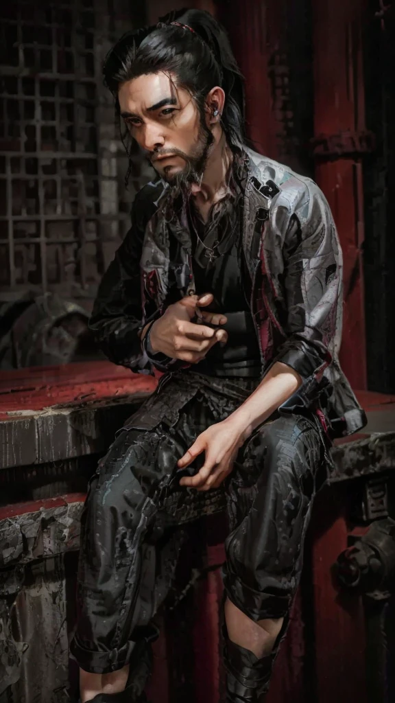 a handsome 22 years old male vampire hunter with ponytail black hair with short beard, pale skin, serious looking, wearing a red and black casual outfit and black pants, waist up shot, dynamic pose, ambient lighting, photo realism, intricate face detail, intricate hand details, highly detailed, vibrant colors, cinematic, high definition, trending on Artstation-style raw