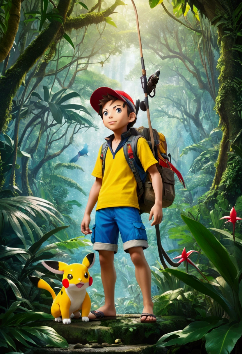 male Jungle Adventurer, full body, by Manuel Fernández García, cinematic still, (best quality, masterpiece), very aesthetic, perfect composition, intricate details, ultra-detailed, vivid colors