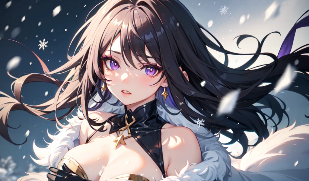 (Medium Shot), One girl, Mature Anime Woman Illustration, (masterpiece, Highest quality, Very detailed), Sharp focus, Detailed face, Face Focus, Very fine grain, Long Hair, Hair on one eye, Brown striped hair, Purple eyes, (Purple eyeshadow and glowing eyes:1.3), Long eyelashes, (blush), Delicate makeup, Big Breasts, ((black and red fur coat, Black gloves, choker, Cleavage)), ((Fold your arms under your chest, snowing, snow, Fairy dust surrounds, Gold particles surround the, Wind)), Cinema Lighting, Rim Lightening, Ray Tracing, shadowing, Dynamic Angle