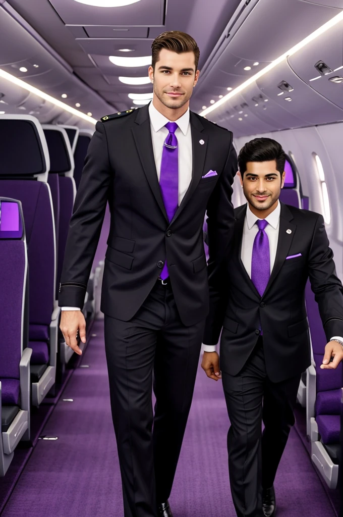 Black and purple flight attendant men's uniform, black shoes with coat