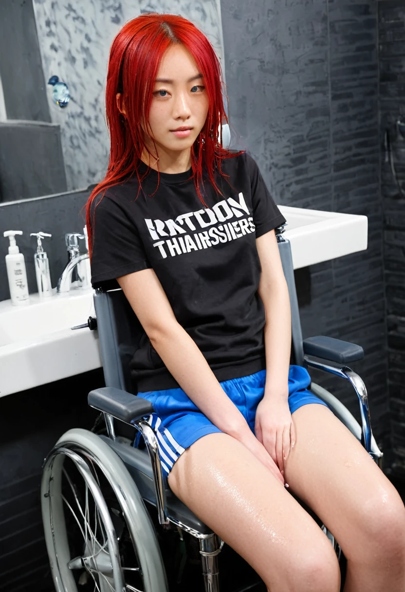 Uhd, photo of Cami, subject: Noriko, 1/2 Japanese 1/2 Hainu skinny girl in 2/00 a large wheelchair with ((wet long red hair and head resting on a Hairdressing Sink)), shampoo foam on hair, blue+++ eyes, oval face, LGBTQIA+, queer, punk style, wearing grey tracksuit treasures and black t-shirt, tattooes. Background: black walls of hairdressers' studio.