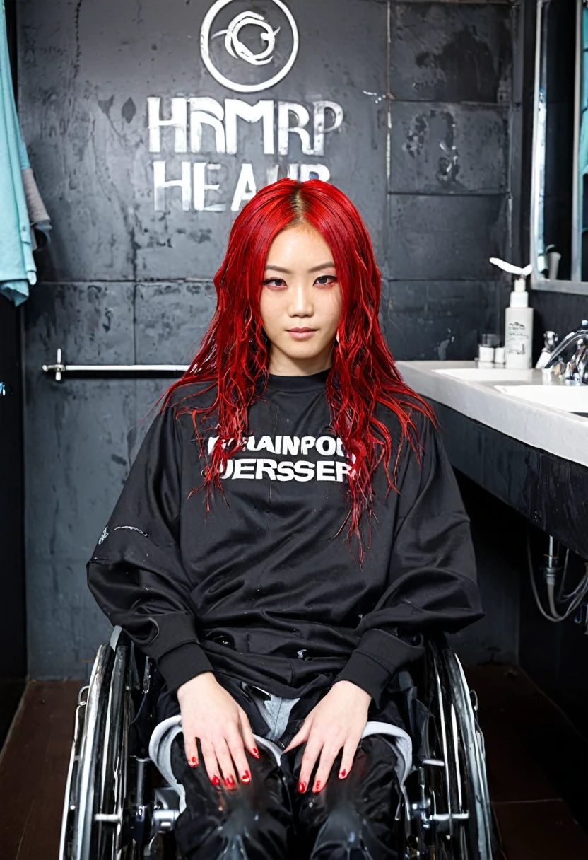 Uhd, photo of Cami, subject: Noriko, 1/2 Japanese 1/2 Hainu skinny girl in 2/00 a large wheelchair with ((wet long red hair and head resting on a Hairdressing Sink)), shampoo foam on hair, blue+++ eyes, oval face, LGBTQIA+, queer, punk style, wearing grey tracksuit treasures and black t-shirt, tattooes. Background: black walls of hairdressers' studio.