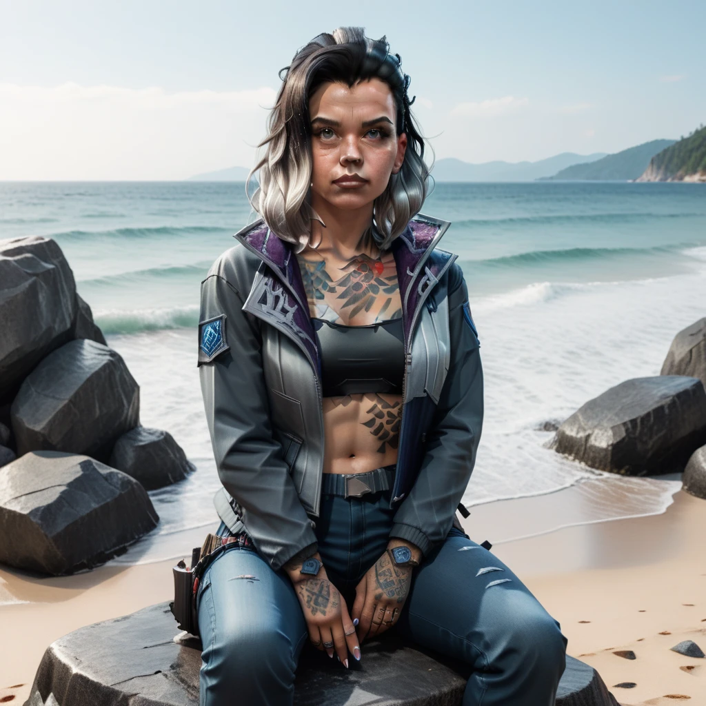 Beautiful picture of Fade from Valorant, fade_valorant, detailed, grey fingernails, shoulders tattoo of a bear paw, scar on nose, black grey hair, sitting on the beach enjoying the view, bikini, sitting on a stone