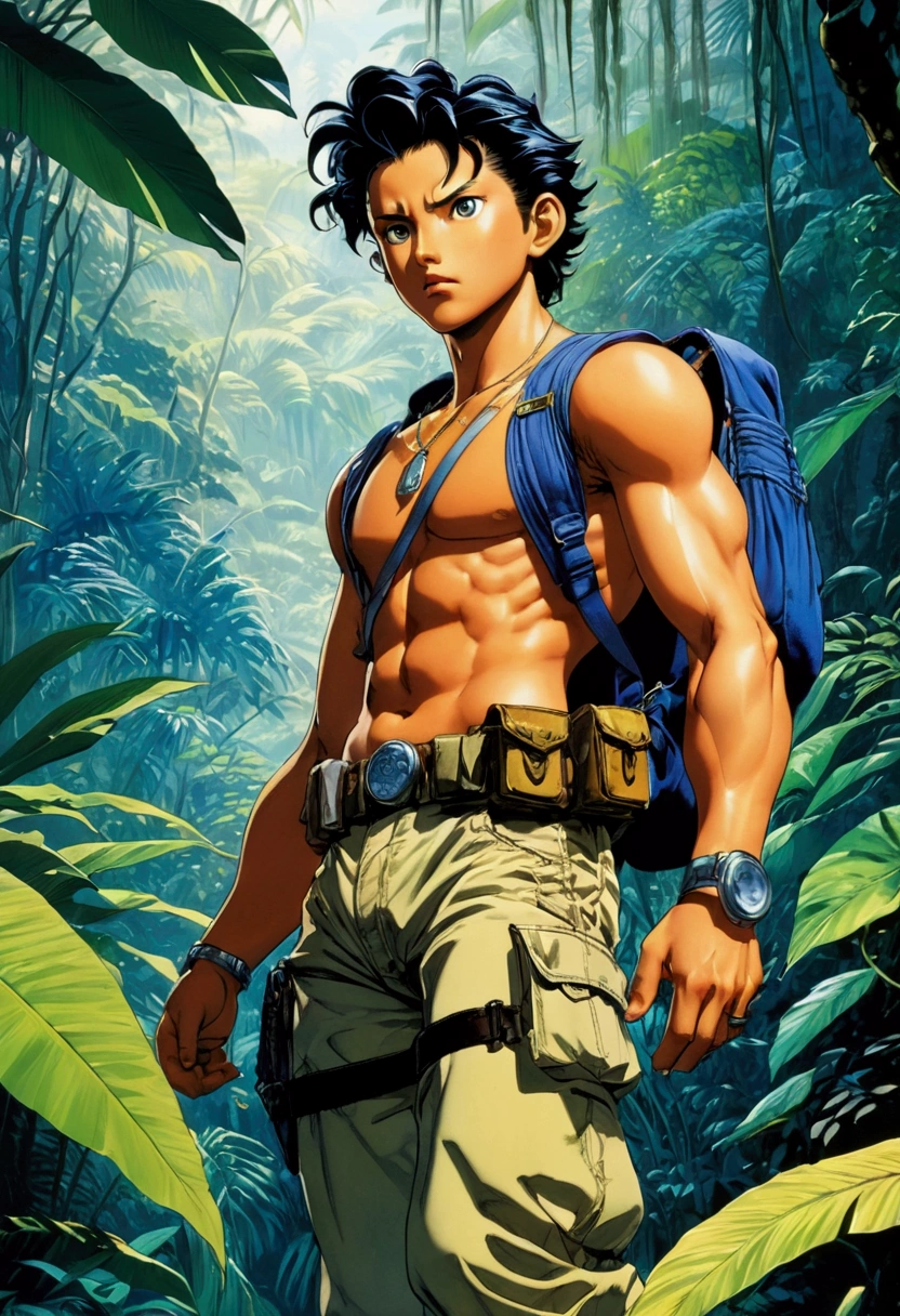 Jungle Adventurer, full body, by Hirohiko Araki, cinematic still, (best quality, masterpiece), very aesthetic, perfect composition, intricate details, ultra-detailed, vivid colors