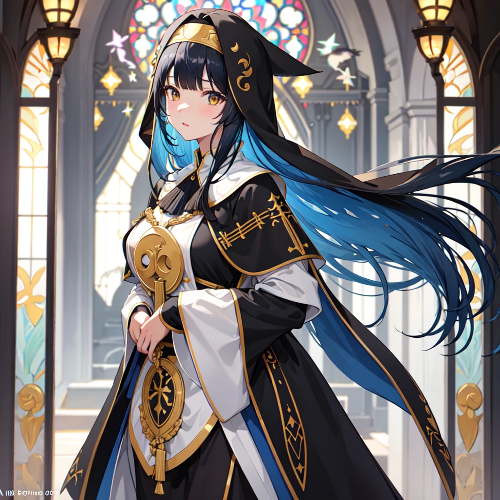 1 girl、(church)、Stained glass、Depth of written boundary、The focus is clear、sun rays、Good composition、(Bokeh:1.2) 1 girl、solo、(Half Body)、(Mouth closed)、The fine details are beautiful、Pause、Waistline、(((Black ceremonial clothing)))、Messy Hair、Long hair floating in the wind、hiqcgbody、((Blunt Bangs))、Blue Hair、Yellow Eyes、((long hair))、Medium breast、Sister、Nun、scimitar、Hold the sword、battle、Crescent Blade、Face Veil