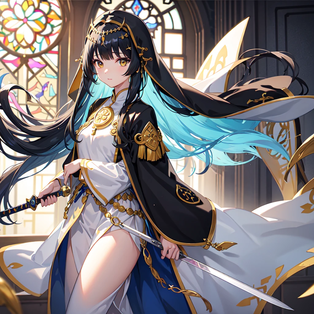1 girl、(church)、Stained glass、Depth of written boundary、The focus is clear、sun rays、Good composition、(Bokeh:1.2) 1 girl、solo、(Half Body)、(Mouth closed)、The fine details are beautiful、Pause、Waistline、(((Black ceremonial clothing)))、Messy Hair、Long hair floating in the wind、hiqcgbody、((Blunt Bangs))、Blue Hair、Yellow Eyes、((long hair))、Medium breast、Sister、Nun、scimitar、Hold the sword、battle、Crescent Blade、Face Veil