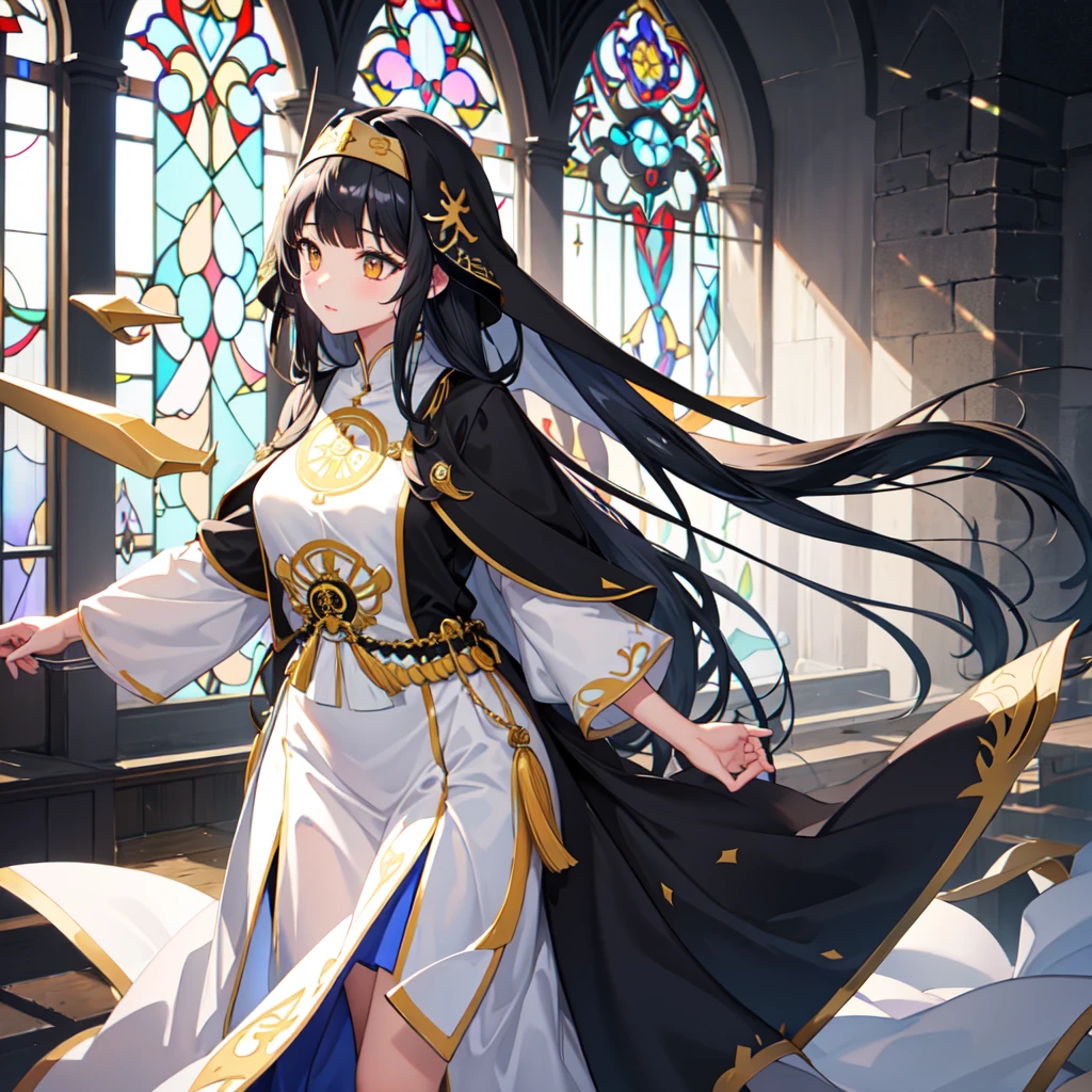 1 girl、(church)、Stained glass、Depth of written boundary、The focus is clear、sun rays、Good composition、(Bokeh:1.2) 1 girl、solo、(Half Body)、(Mouth closed)、The fine details are beautiful、Pause、Waistline、(((Black ceremonial clothing)))、Messy Hair、Long hair floating in the wind、hiqcgbody、((Blunt Bangs))、Blue Hair、Yellow Eyes、((long hair))、Medium breast、Sister、Nun、scimitar、Hold the sword、battle、Crescent Blade、Face Veil