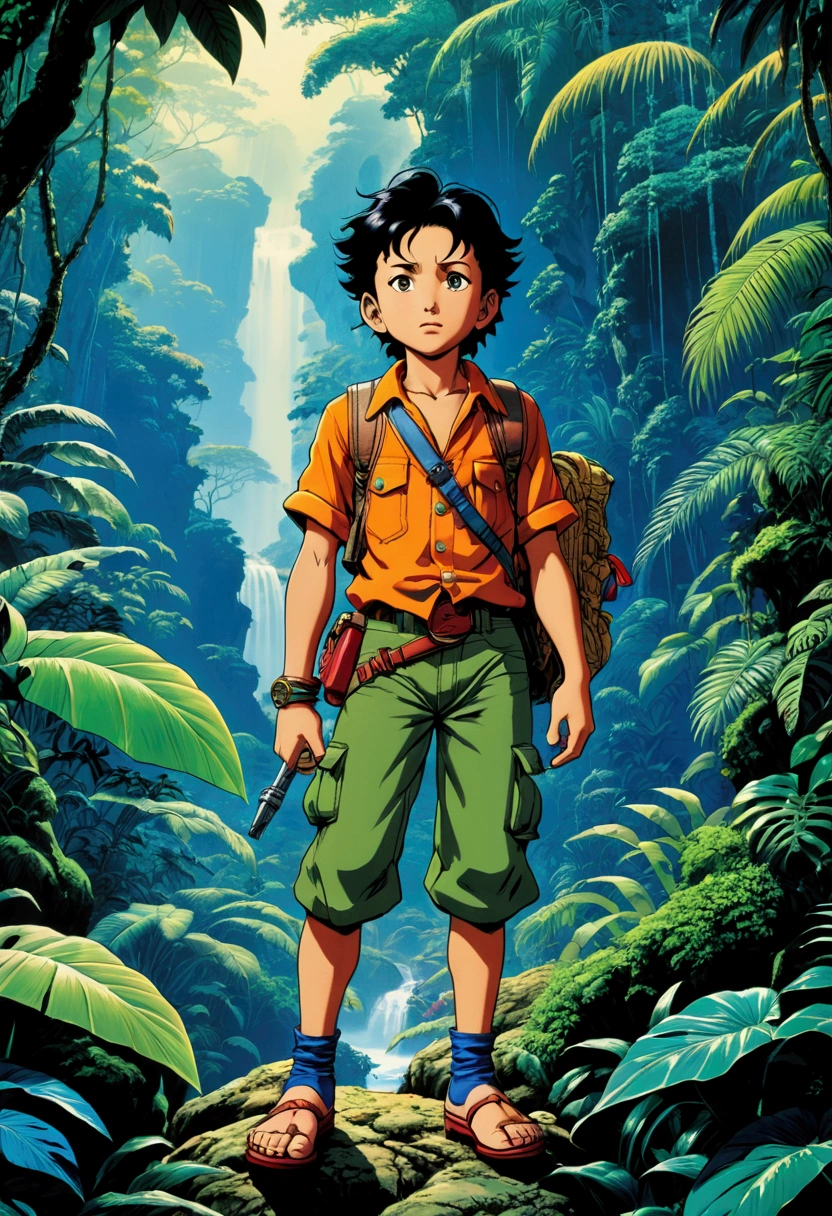 Jungle Adventurer, full body, by Hirohiko Araki, cinematic still, (best quality, masterpiece), very aesthetic, perfect composition, intricate details, ultra-detailed, vivid colors