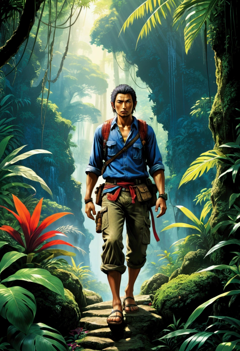 Jungle Adventurer, full body, by takehiko inoue, cinematic still, (best quality, masterpiece), very aesthetic, perfect composition, intricate details, ultra-detailed, vivid colors