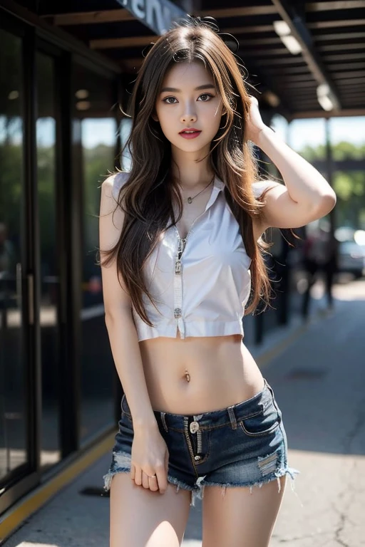 18k, young girl, (19 years old), (perfect face), fit the body (Tattoo legs), (style: rock), (have green eyes), (Full body only........), ( Topless, Show your skin, Open waist buttons, The zipper opens wide., Show off your fur., Show off your fur., Wide waist opening, Cover the chest with your hands....., เปิดหน้าท้องกว้าง ripped jean shorts , open thigh high,low waist, Show off the edge of your panties., Below the navel), (purple, short, straight hair), (moderate, Open your stomach wide....., rounded chest), (in the background, rock style night club). canvas
