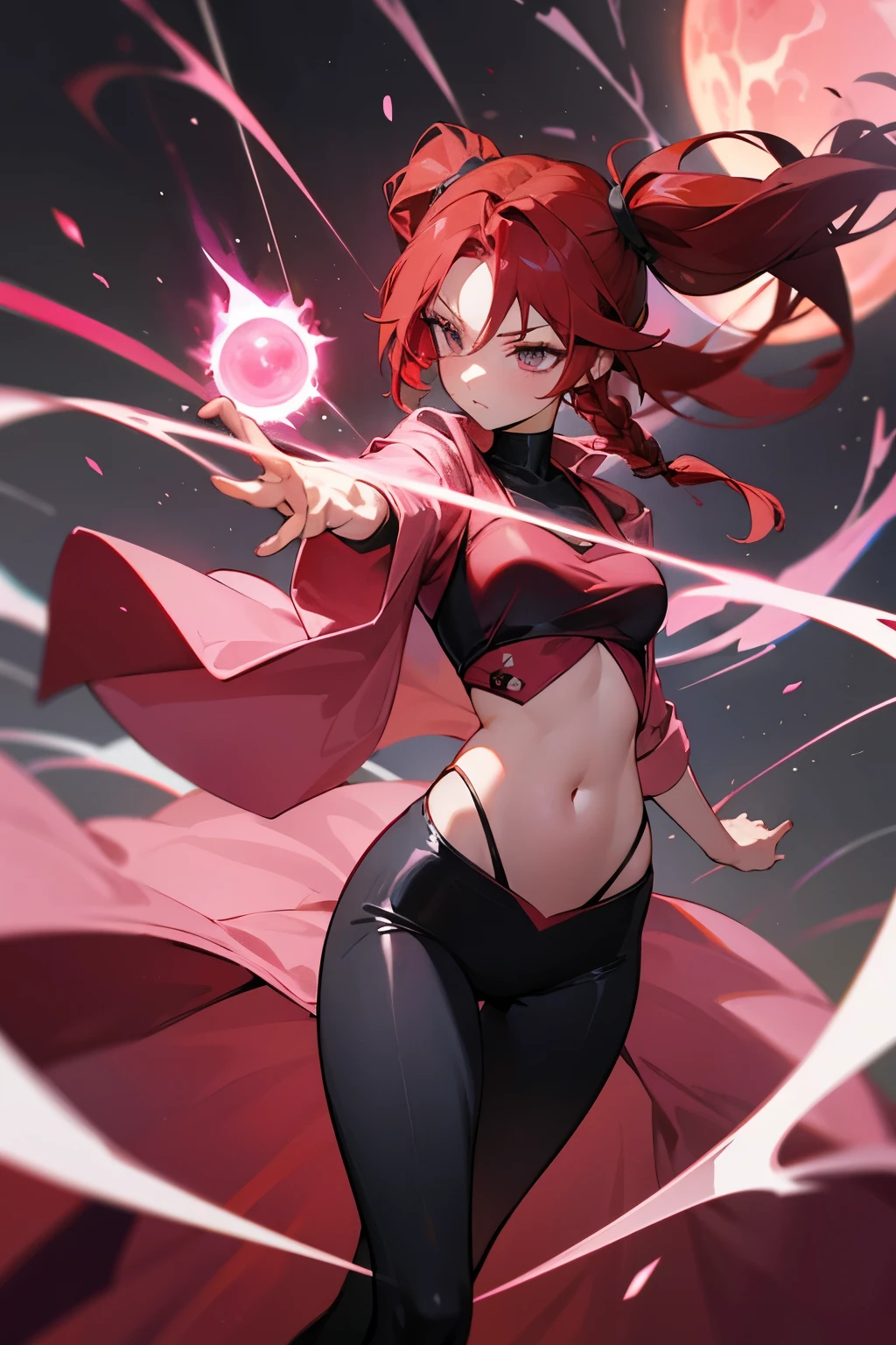 Red hair in long pig tails, dark mage, thin waist, energy blast from right hand, pink robe, show navel, black leggings, 20 years old