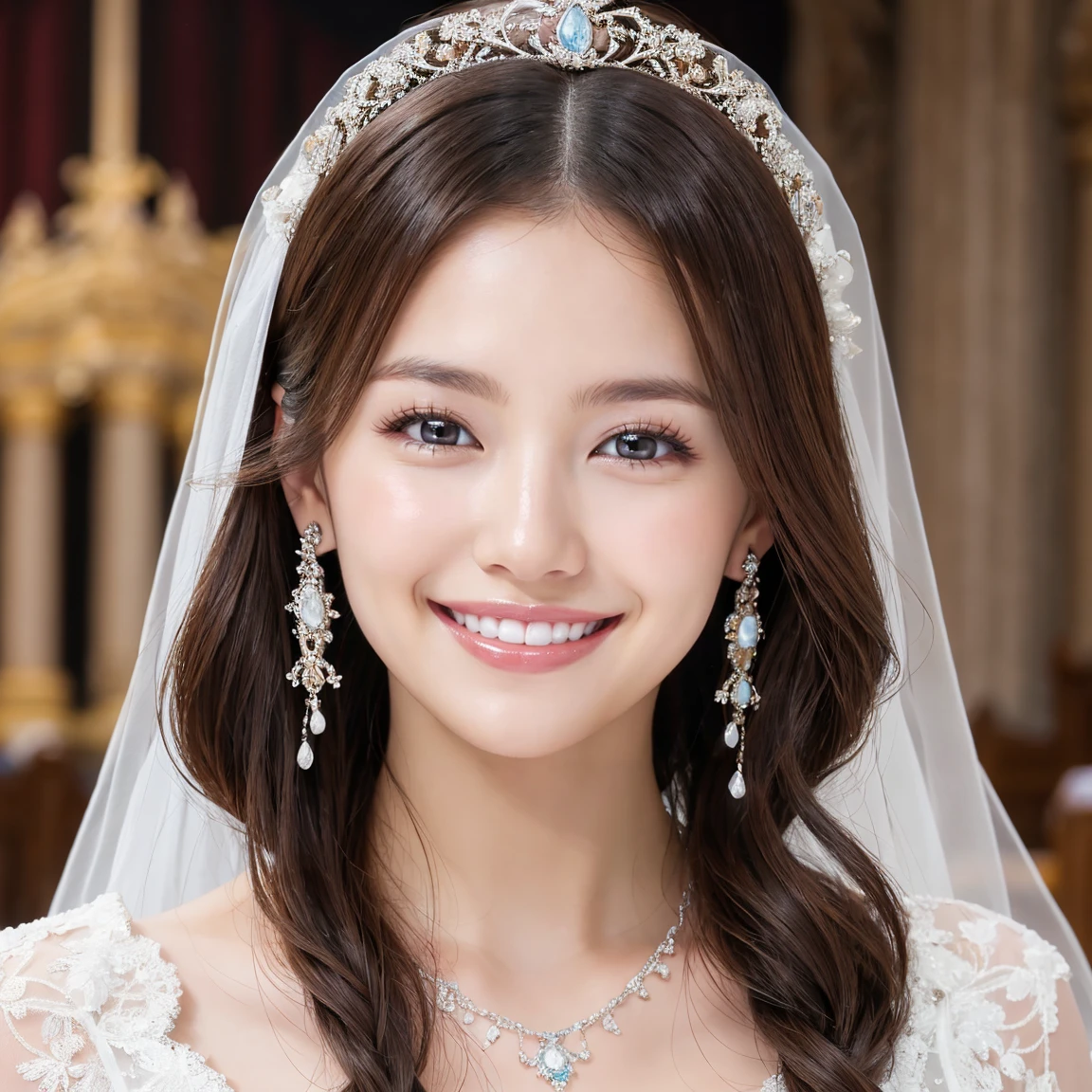 (Highest quality、Tabletop、8k、Best image quality、Award-winning works)、One beautiful bride、(alone:1.1)、(The most extravagant and gorgeous huge wedding dresses:1.1)、(Perfect Wedding Lace:1.2)、(The most gorgeous and luxurious giant tiara:1.1)、(The most extravagant and luxurious giant necklace:1.1)、Look at me with your best smile、A wide selection of the finest jewellery、Upper body photo、Perfect Makeup、Long eyelashes、Ultra HD Shining Eyes、Ultra HD Hair、Ultra-high resolution glossy lips、Ultra High Resolution Perfect Teeth、Super high resolution beautiful face、(Accurate anatomy:1.1)、(Very bright and beautiful skin:1.2)、(very bright and vivid:1.2)、Perfect beautiful bridal hairstyles、A gorgeous and elegant church、A gorgeous and beautiful church、(Front facing body:1.1)、(The most romantic atmosphere:1.1)、(Strongly blurred background:1.1)、(Calm and warm lighting:1.1)