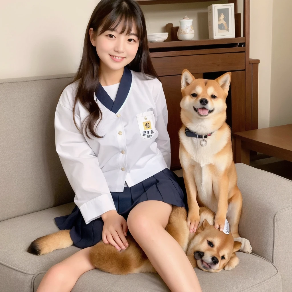 Please create a high school girl wearing a Japanese uniform.。Petting a medium-sized Shiba Inu dog。Hair is short、Dark brown、She has a gentle smile。Living room at home、sofa。(Highest quality、8k、masterpiece:1.3)、Very detailed、Real、High resolution