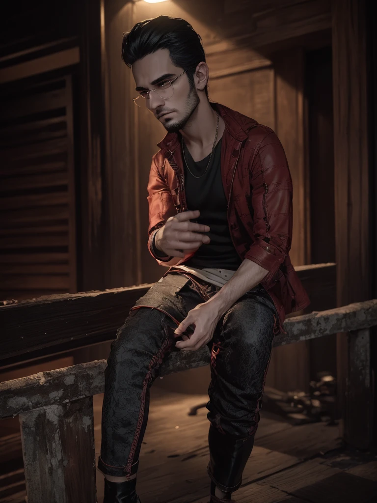 a handsome 22 years old male vampire hunter with ponytail black hair with short beard, pale skin, serious looking, wearing a red and black casual outfit and black pants, waist up shot, dynamic pose, ambient lighting, photo realism, intricate face detail, intricate hand details, highly detailed, vibrant colors, cinematic, high definition, trending on Artstation-style raw