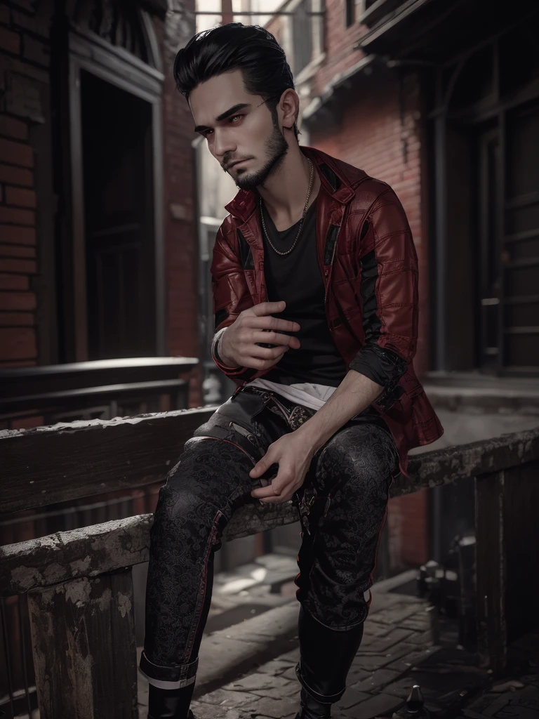 a handsome 22 years old male vampire hunter with ponytail black hair with short beard, pale skin, serious looking, wearing a red and black casual outfit and black pants, waist up shot, dynamic pose, ambient lighting, photo realism, intricate face detail, intricate hand details, highly detailed, vibrant colors, cinematic, high definition, trending on Artstation-style raw