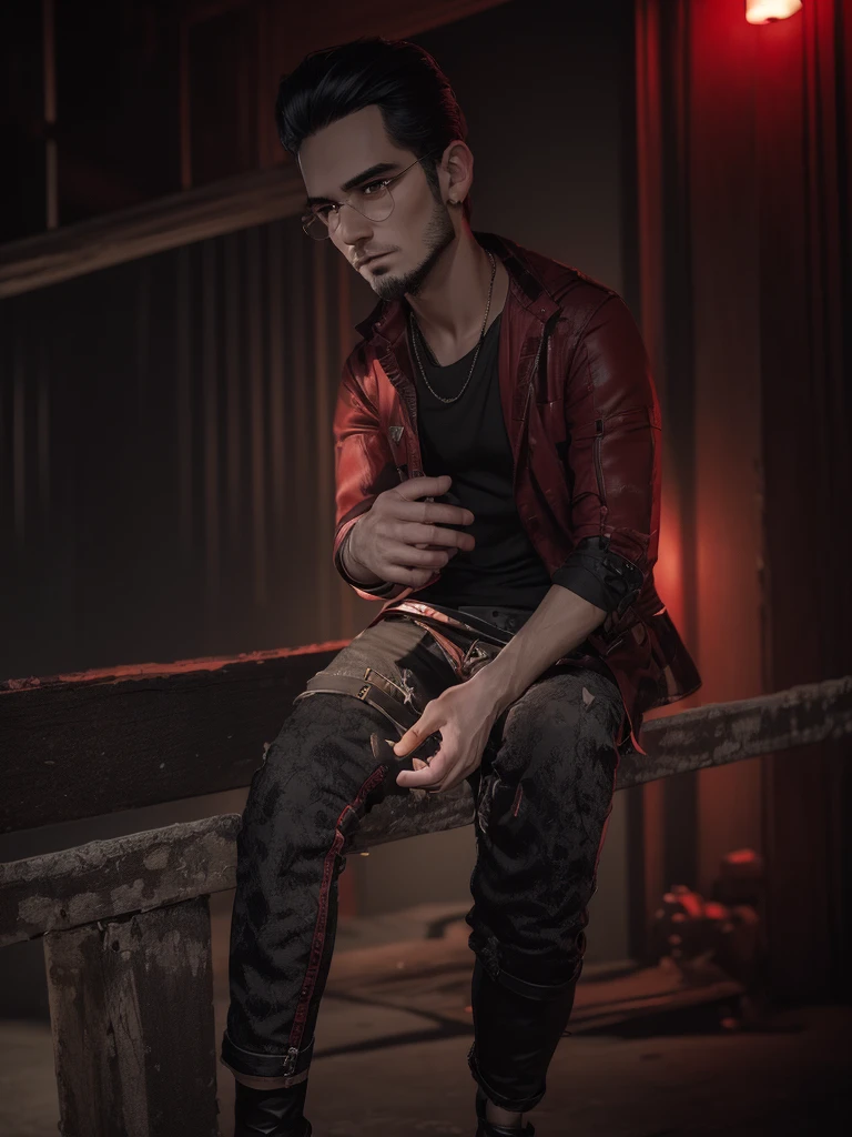 a handsome 22 years old male vampire hunter with ponytail black hair with short beard, pale skin, serious looking, wearing a red and black casual outfit and black pants, waist up shot, dynamic pose, ambient lighting, photo realism, intricate face detail, intricate hand details, highly detailed, vibrant colors, cinematic, high definition, trending on Artstation-style raw