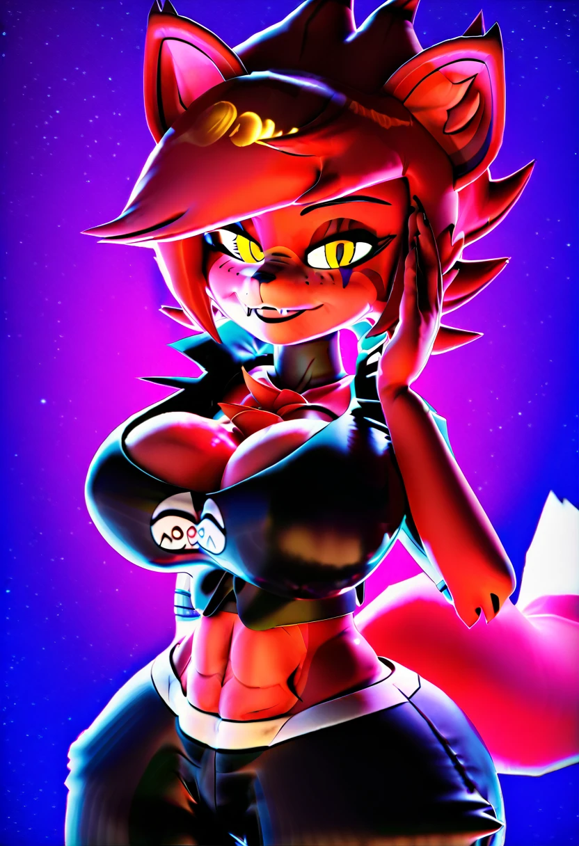 (best quality, masterpiece1.2), 1girl, solo, anthro, 3d, 3d render, (Fexa), cleavage, two toned fur, red body, red hair, fox ears, fox nose, woman, yellow eyes, predator eyes, sexy, detailed, extreme detail, perfect lighting, 4k, black crop top, black pants, marie's outfit, shiny body, makeup, eyeliner, beautiful, big breasts, 