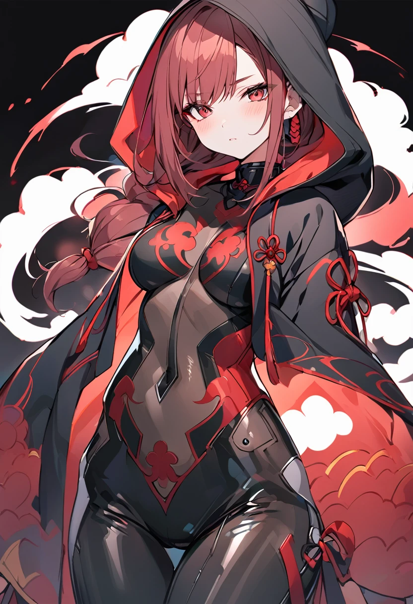 Girl with red cloud motif,Pitch black background,Japanese style see-through bodysuit,Japanese style see-through hoodie