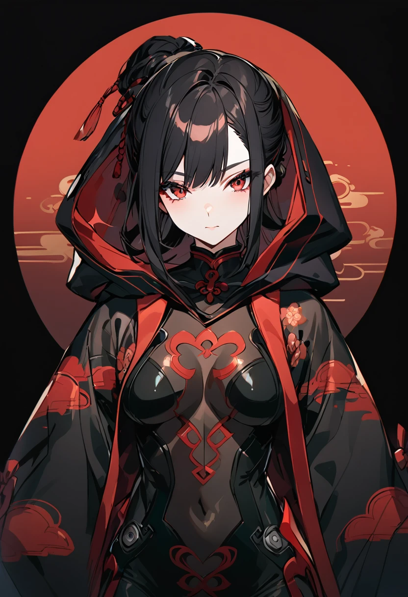Girl with red cloud motif,Pitch black background,Japanese style see-through bodysuit,Japanese style see-through hoodie