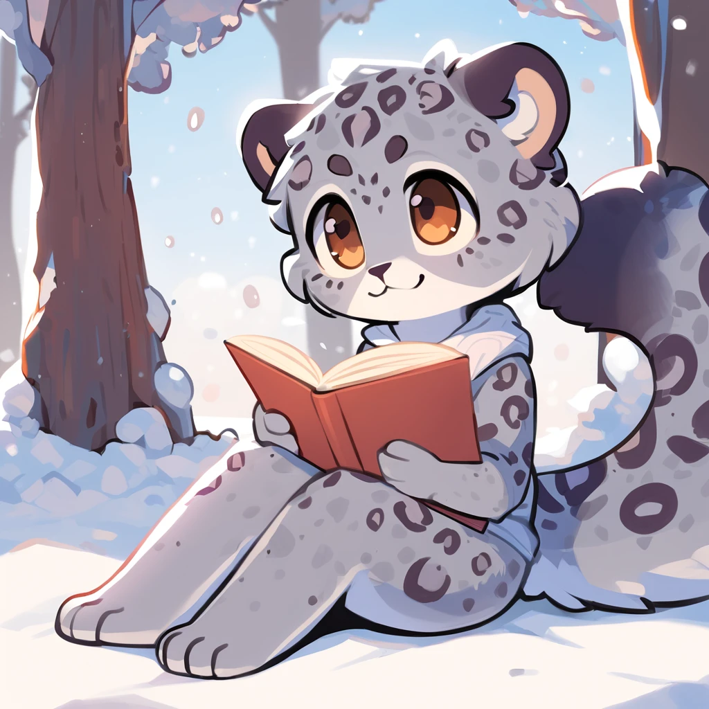 ((Highest quality)),((masterpiece)),Cute snow leopard illustration,Sitting and reading a book,2D,pop,Game design character,