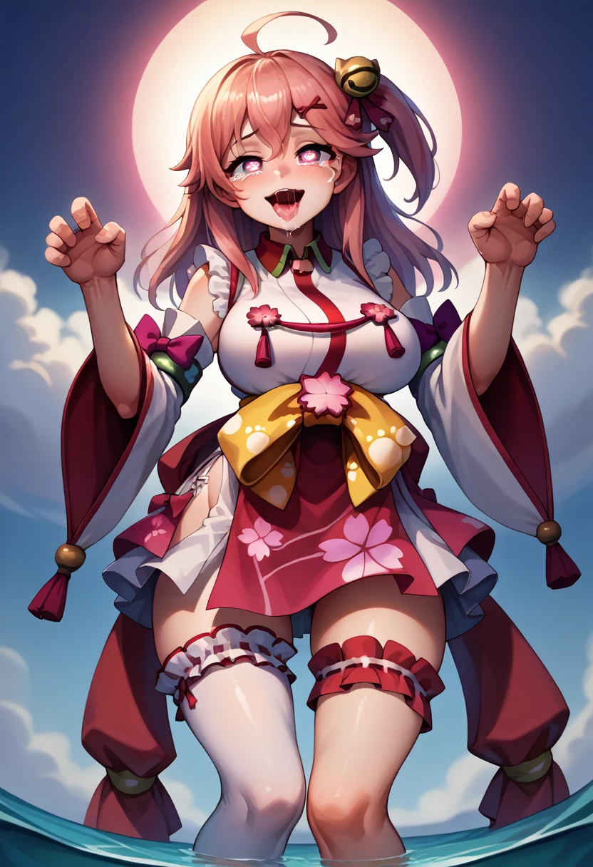 (masterpiece),(Highest quality),(Super detailed),(Best illustrations),(Best Shadow),(Absurd),(Detailed Background),(so beautiful)MikoBase, Sakuramiko, 16K, 4K, , One person, alone, curvy, Big Breasts, , , , , fluorescent pink eyes, , , , , , Perfect figure, heart-shaped pupils, , , paw pose, Arched back, tongue out , Breast fetish, , orgasm, afterglow, erotic smile, , , , Sexy posture, , , , , water eyes, tears, , , , , saliva trail, , shiny skin, , , torogao, , BREAK, , Dramatic lighting, Psychedelic Background, Clear liquid, , night, , , Torrent of Light, mysterious, spoken heart, (Perfect Arms, Perfect breasts, Perfect Anatomy), MikoBase, long hair, ahoge, one side up, hair bell, cherry blossom print, nontraditional miko, frills, single thighhigh, bridal garter