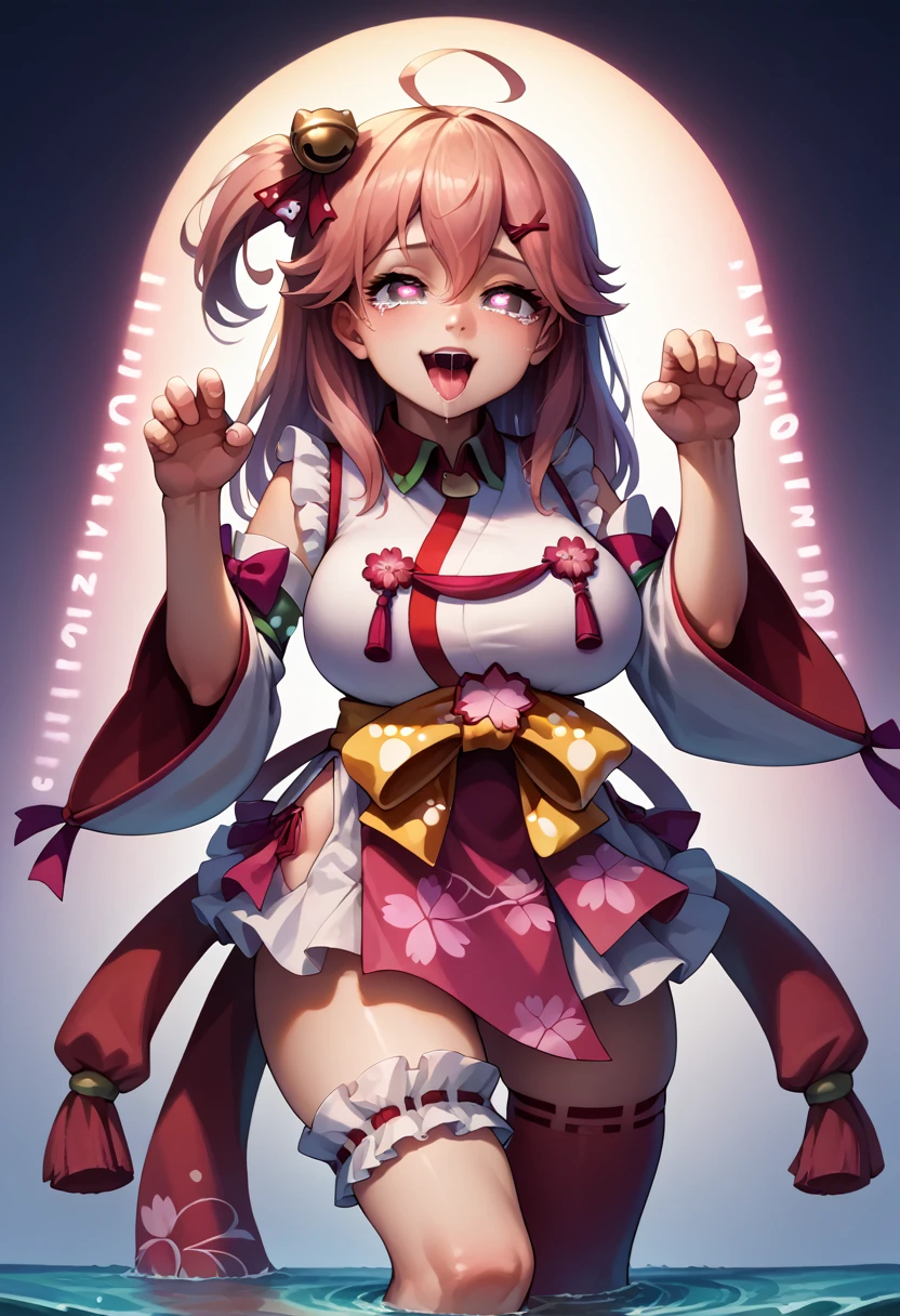 (masterpiece),(Highest quality),(Super detailed),(Best illustrations),(Best Shadow),(Absurd),(Detailed Background),(so beautiful)MikoBase, Sakuramiko, 16K, 4K, , One person, alone, curvy, Big Breasts, , , , , fluorescent pink eyes, , , , , , Perfect figure, heart-shaped pupils, , , paw pose, Arched back, tongue out , Breast fetish, , orgasm, afterglow, erotic smile, , , , Sexy posture, , , , , water eyes, tears, , , , , saliva trail, , shiny skin, , , torogao, , BREAK, , Dramatic lighting, Psychedelic Background, Clear liquid, , night, , , Torrent of Light, mysterious, spoken heart, (Perfect Arms, Perfect breasts, Perfect Anatomy), MikoBase, long hair, ahoge, one side up, hair bell, cherry blossom print, nontraditional miko, frills, single thighhigh, bridal garter