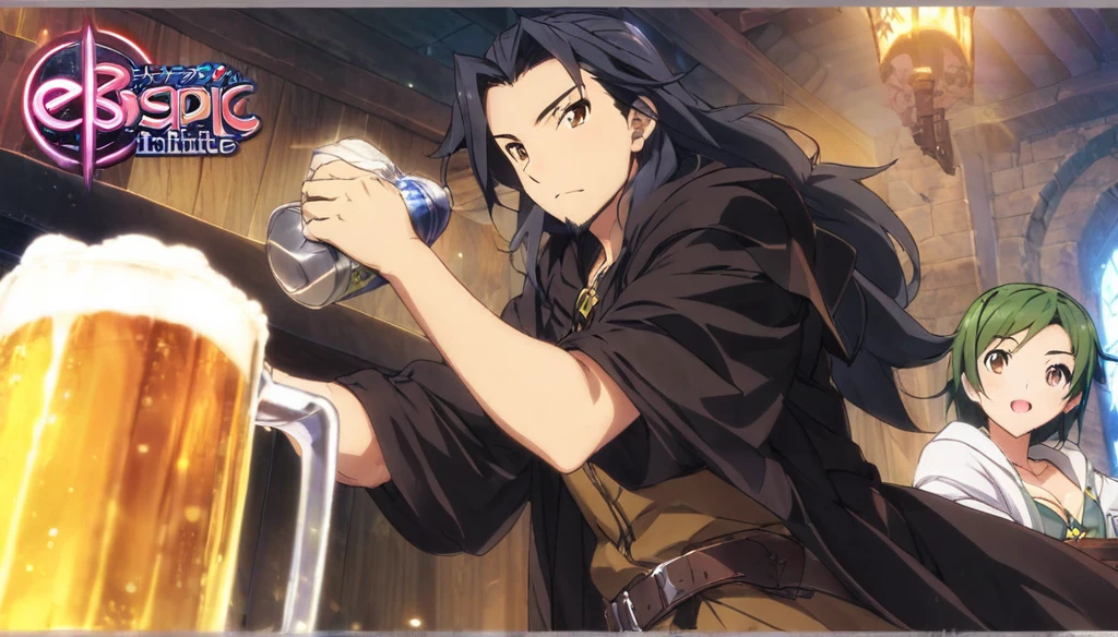 (Anime Infinite Stratus Art, 8k, ultra full high definition, epic quality, epic texture). The {{char}} is the focus of the scene, he is a man, he is 31 years old, he is a wizard, he is bald, he has a long black beard, brown eyes, white skin, he is muscular and short, wide chest, medium waist, wide hips, strong legs, he wears a wizard's robe, wizard's clothes, a pointy wizard's hat, he is drinking beer, apparently he is very drunk and happy, people love him. The setting is a large RPG-style medieval tavern, very detailed, full of people(men and women, from different RPG classes) drinking and partying with {{char}}. The atmosphere is happy, celebratory and a lot of fun. Full view of scene.