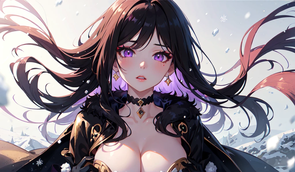 (Medium Shot), One girl, Mature Anime Woman Illustration, (masterpiece, Highest quality, Very detailed), Sharp focus, Detailed face, Face Focus, Very fine grain, Long Hair, Hair on one eye, Brown striped hair, Purple eyes, (Purple eyeshadow and glowing eyes:1.3), Long eyelashes, (blush), Delicate makeup, Big Breasts, ((black and red fur coat, Black gloves, choker, Cleavage)), ((Fold your arms under your chest, snowing, snow, Fairy dust surrounds, Gold particles surround the, Wind)), Cinema Lighting, Rim Lightening, Ray Tracing, shadowing,