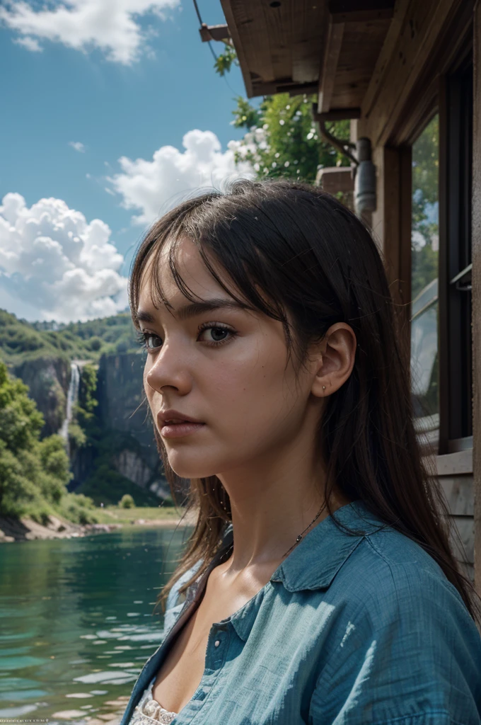 masterpiece, Best Quality, high quality, Extremely detailed CG unity 8k wallpaper, landscape, exterior, sky, cloud, sky, nonhuman, Mountain, landscape, Water, tree, blue sky, Waterfall, cliff, nature, lake, river , cloudy skies, award-winning photography, bokeh, depth of field, HdR, bloom, chromatic aberration, photorealism, Very detailed, trend in artstation, trend on CGSociety, Intricate, High detail, dramatic, halfway art