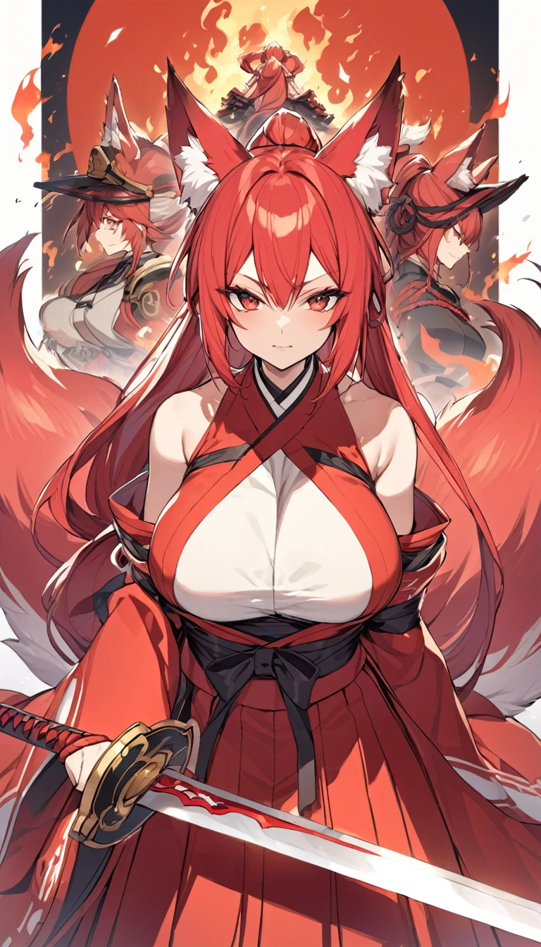 Long red ponytail Red fox ears and nine fox tails Very large bust Hakama with a red jacket Sword Flames Older sister