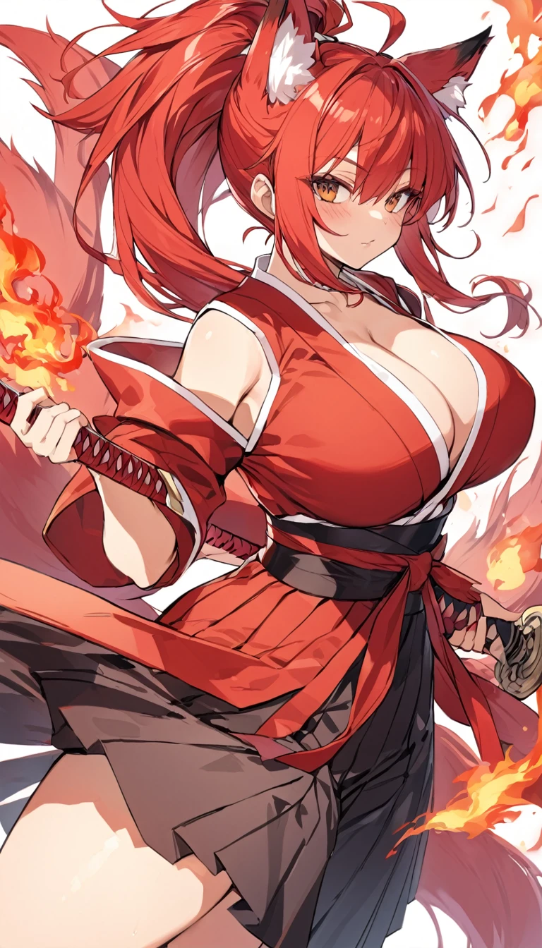 Long red ponytail Red fox ears and nine fox tails Very large bust Hakama with a red jacket Sword Flames Older sister