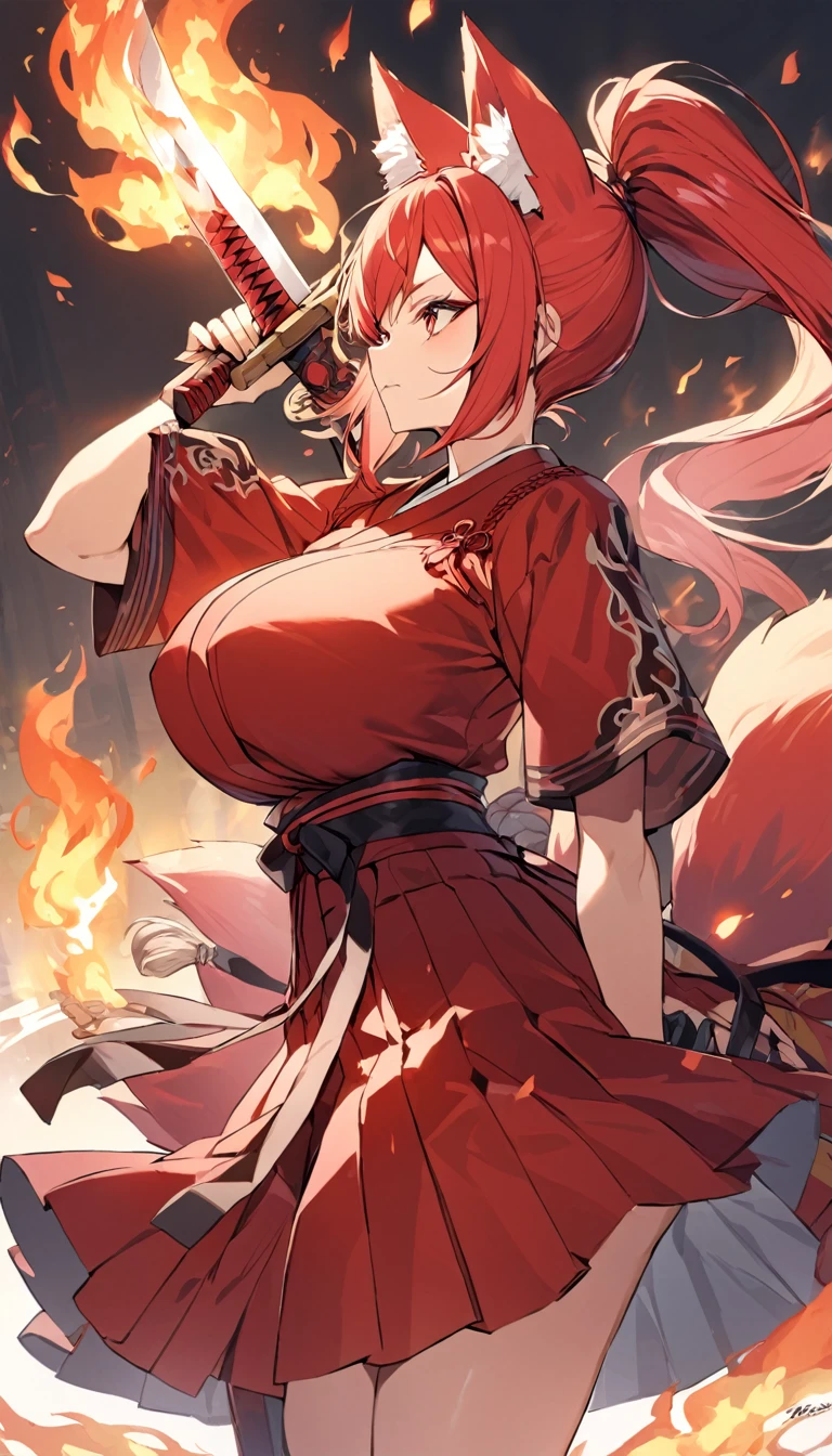 Long red ponytail Red fox ears and nine fox tails Very large bust Hakama with a red jacket Sword Flames Older sister