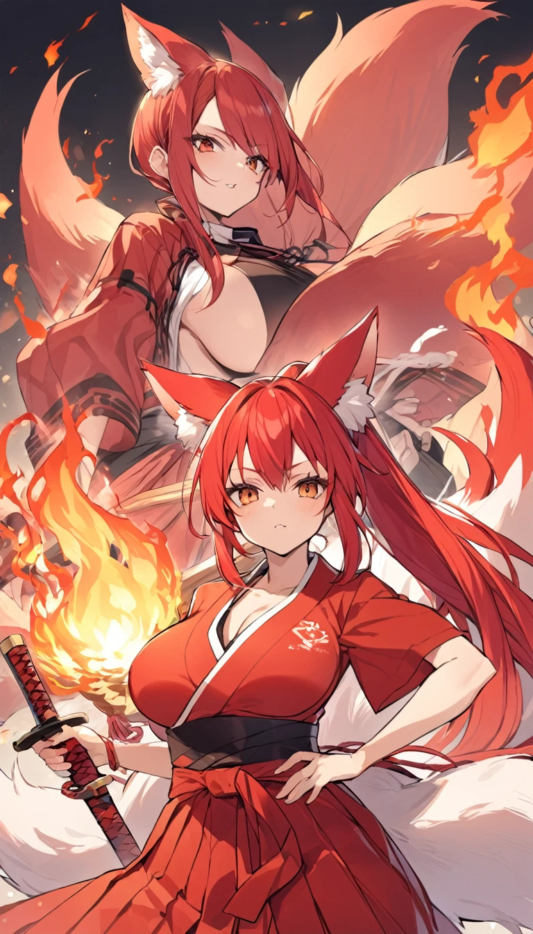 Long red ponytail Red fox ears and nine fox tails Very large bust Hakama with a red jacket Sword Flames Older sister