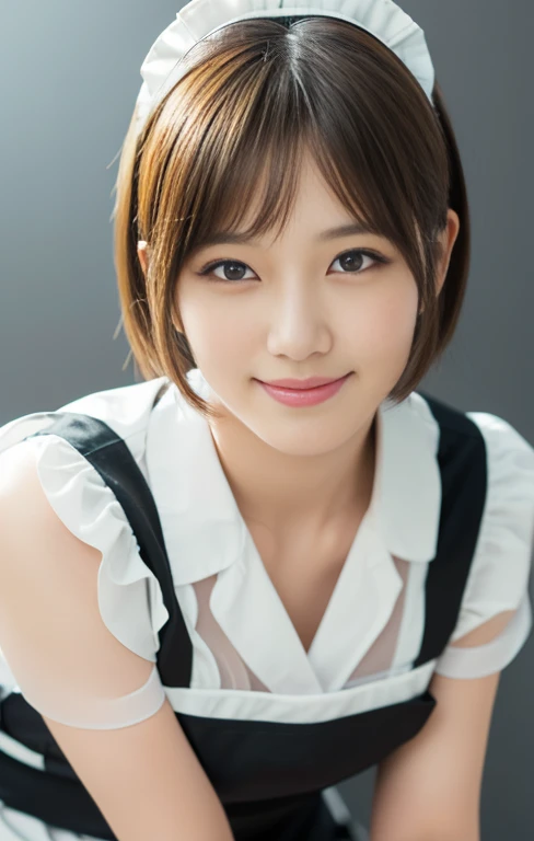 (An intellectual lady with a light colored maid outfit, pretending to work at a maid cafe, she is the winner of 'Best Smile for toothpaste CF', full body shot, gray background, wearing black high heels, short wavy bob hair, squatting pose, (best quality,4k,8k,highres,masterpiece:1.2),ultra-detailed,(realistic,photorealistic,photo-realistic:1.37),detailed facial features,beautiful detailed eyes,beautiful detailed lips,extremely detailed face,longeyelashes,maid uniform,maid cafe interior,studio lighting,vivid colors,warm lighting)