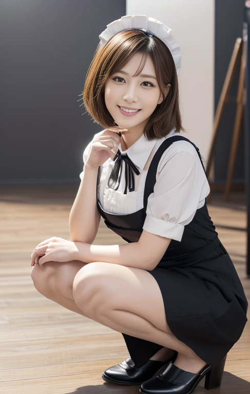 (An intellectual lady with a light colored maid outfit, pretending to work at a maid cafe, she is the winner of 'Best Smile for toothpaste CF', full body shot, gray background, wearing black high heels, short wavy bob hair, squatting pose, (best quality,4k,8k,highres,masterpiece:1.2),ultra-detailed,(realistic,photorealistic,photo-realistic:1.37),detailed facial features,beautiful detailed eyes,beautiful detailed lips,extremely detailed face,longeyelashes,maid uniform,maid cafe interior,studio lighting,vivid colors,warm lighting)