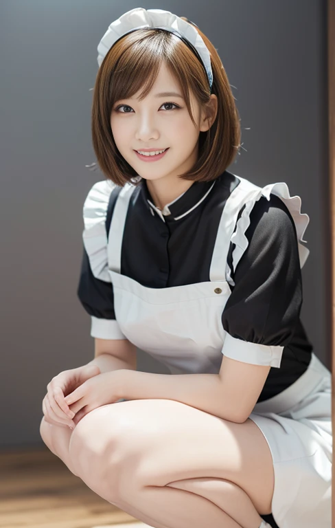 (An intellectual lady with a light colored maid outfit, pretending to work at a maid cafe, she is the winner of 'Best Smile for toothpaste CF', full body shot, gray background, wearing black high heels, short wavy bob hair, squatting pose, (best quality,4k,8k,highres,masterpiece:1.2),ultra-detailed,(realistic,photorealistic,photo-realistic:1.37),detailed facial features,beautiful detailed eyes,beautiful detailed lips,extremely detailed face,longeyelashes,maid uniform,maid cafe interior,studio lighting,vivid colors,warm lighting)