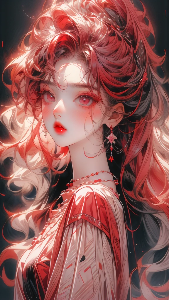 a very attractive girl with red hair wearing jewelry and pink lipstick looks sad, 1girl, solo, jewelry, red hair, earrings, long hair, messy hair, eyelashes, looking at viewer, red lips, necklace, parted lips, red eyes, black background
