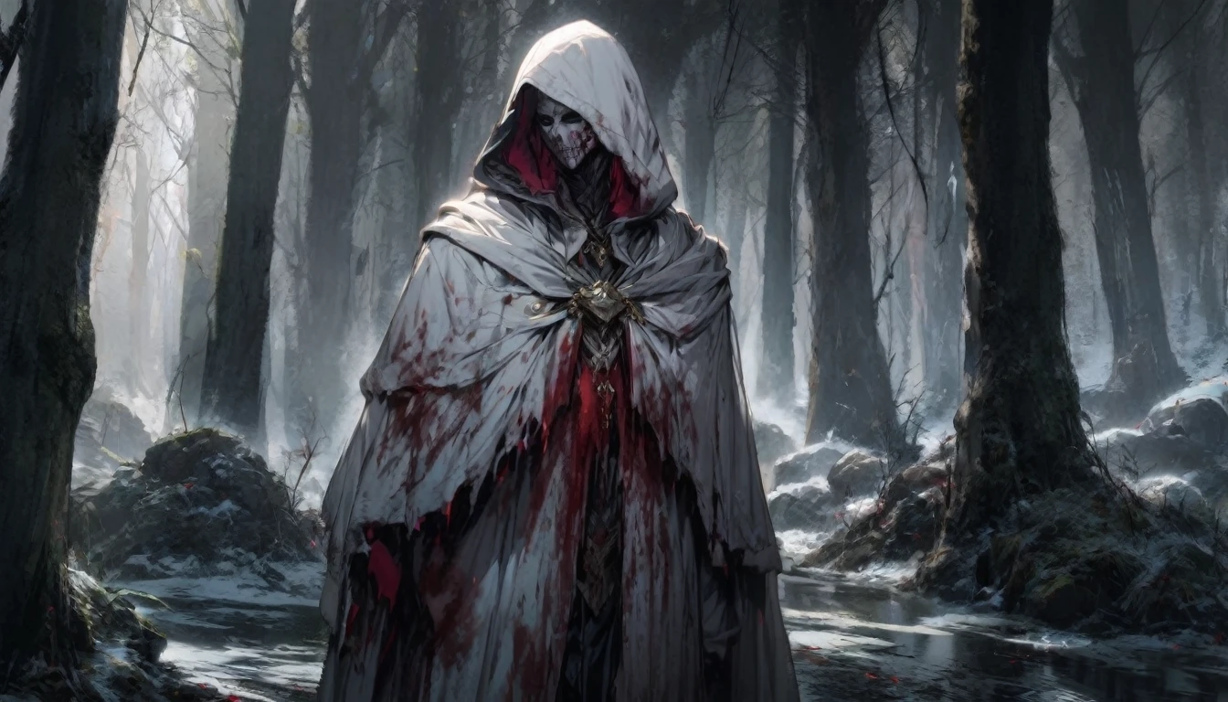 1 male warlock dnd, undead body, wearing a bloodstained white hood cloak with a blood, in a dark forest, surrounded by a cold