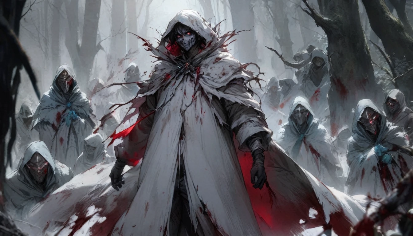 1 male warlock dnd, undead body, wearing a bloodstained white hood cloak with a blood, in a dark forest, surrounded by a cold