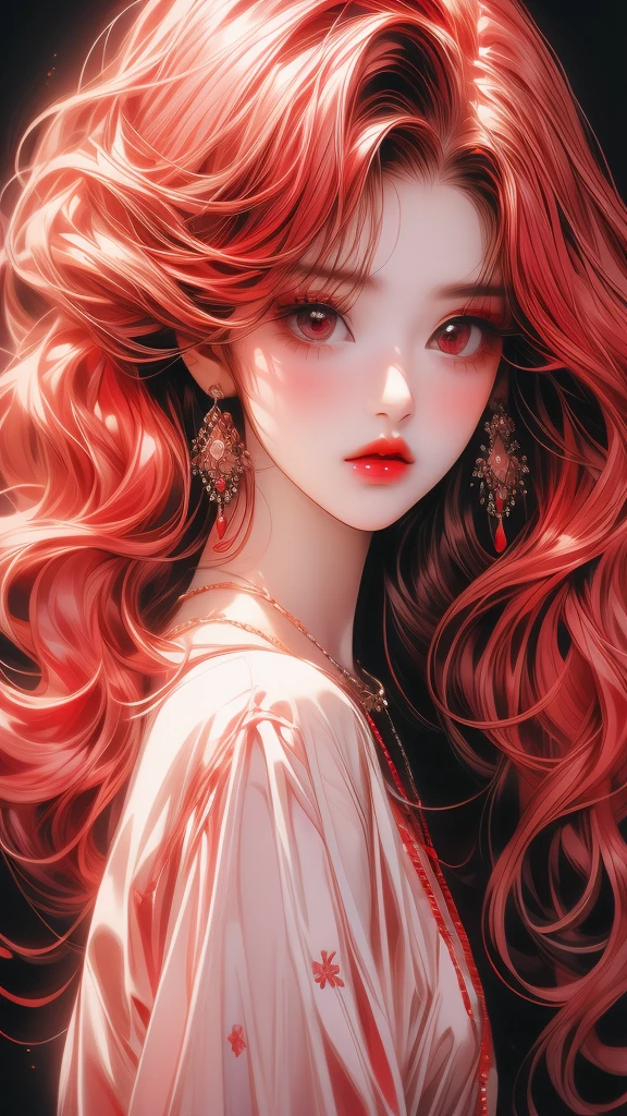 a very attractive girl with red hair wearing jewelry and pink lipstick looks sad, 1girl, solo, jewelry, red hair, earrings, long hair, messy hair, eyelashes, looking at viewer, red lips, necklace, parted lips, red eyes, black background