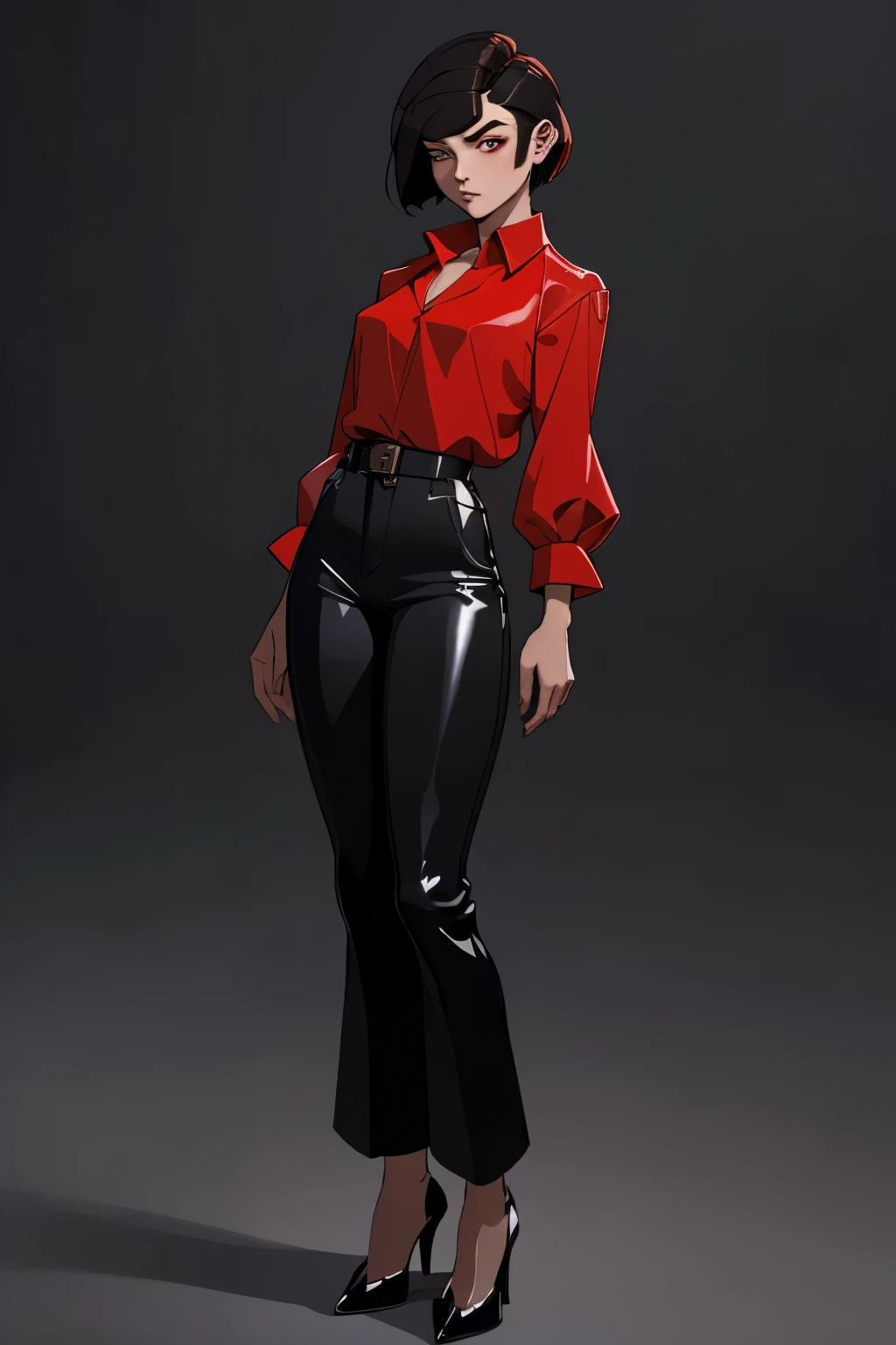 (masterpiece), (Best quality),1 девушка в full height ,dwarf girl,dwarf,The haircut is short, black red hair, Very thin , luxury long clothing of the future , black trousers and a nice shirt, (simple background), fantasy art,super shiny face,Ultra glossy leather, cyberpunk, full height