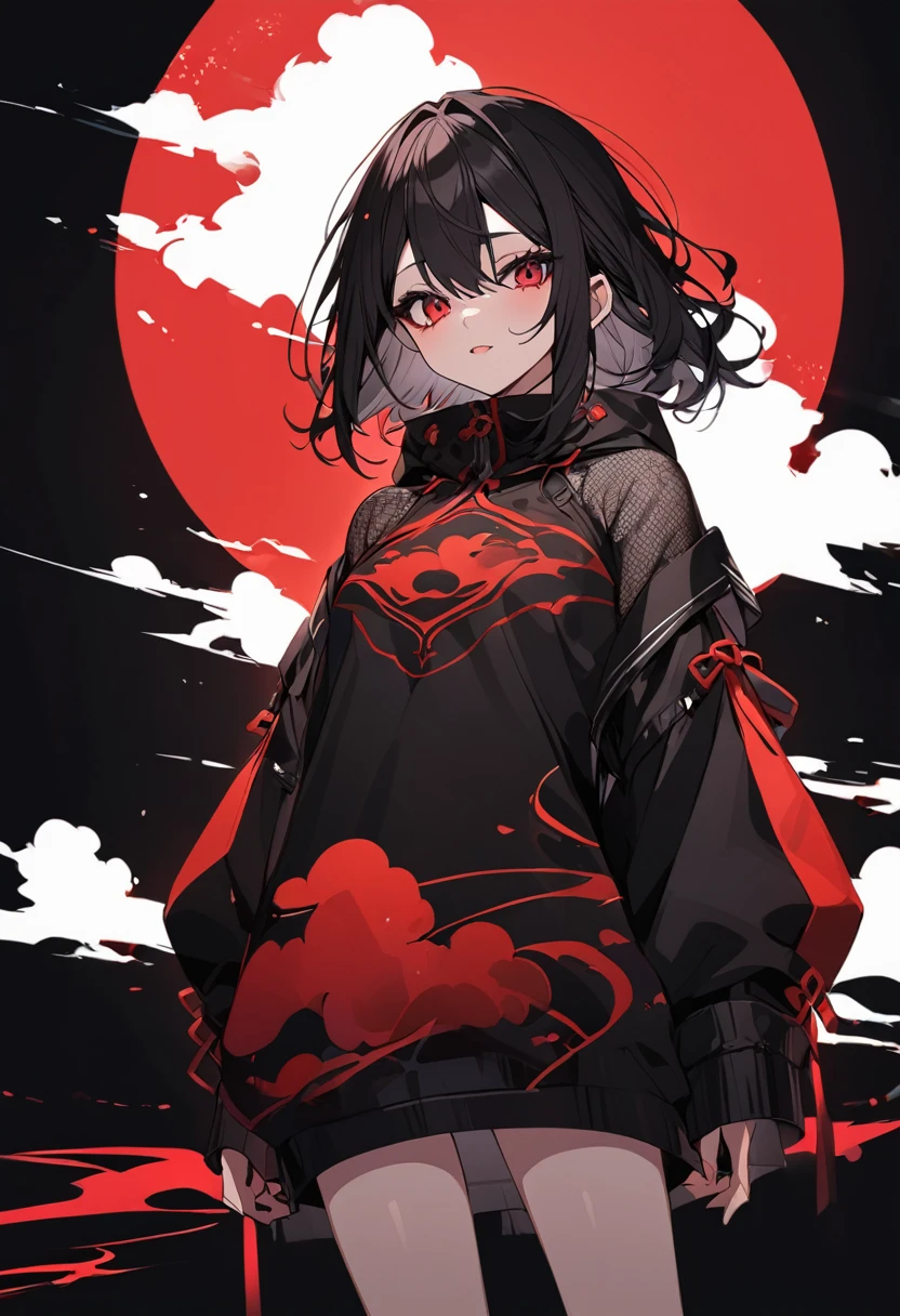 Girl with red cloud motif,Pitch black background,See-through garments