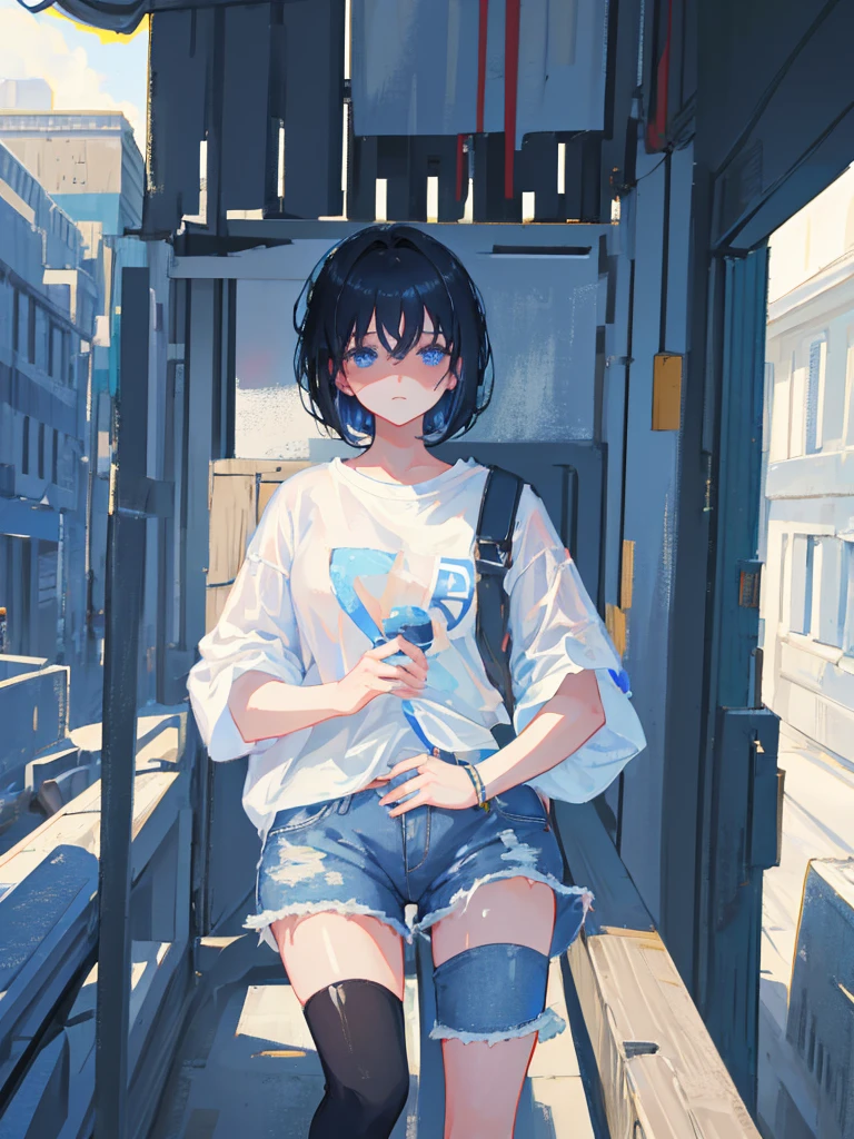 1girl, short black hair, blue eyes, wearing plain white shirt, denim shorts, city, absurdres, high res, ultrasharp, 8K, masterpiece, looking at viewer