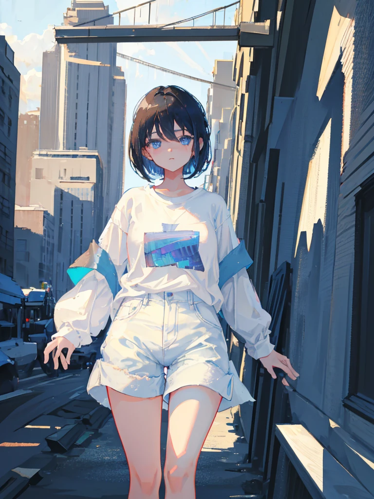 1girl, short black hair, blue eyes, wearing plain white shirt, denim shorts, city, absurdres, high res, ultrasharp, 8K, masterpiece, looking at viewer