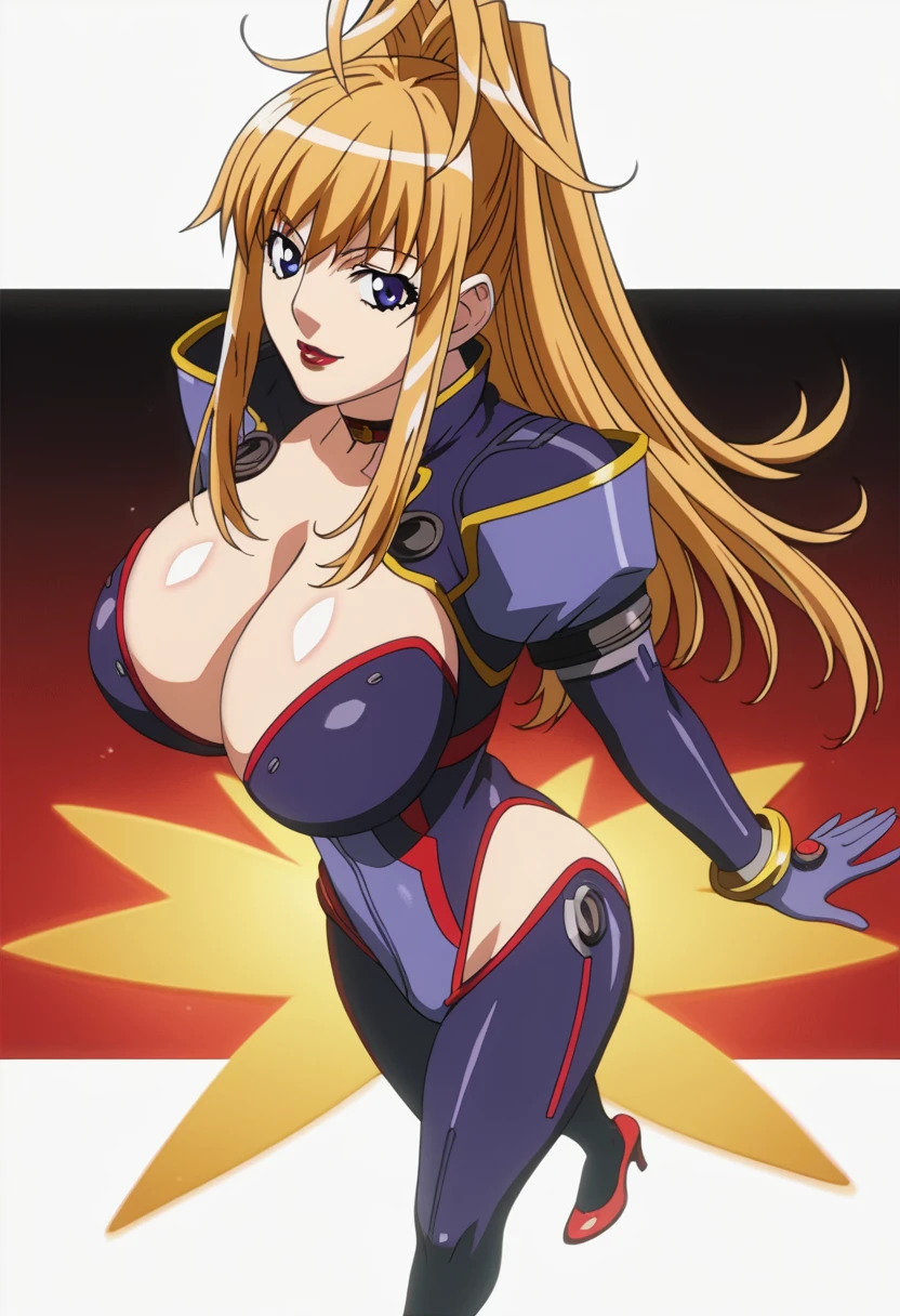 score_9, score_8_up, score_7_up, score_6_up, score_5_up, score_4_up,detailed Lora,masterpiece,best quality,highres,absurdres,official art,official style,source_anime,anime coloring,(anime_screencap),(megami magazine),anime,animated,explicit,shiny skin,extremely detailed CG unity 8k wallpaper,detailed face,perfect face,beautiful face,detailed eyes,perfecteyes,expressive eyes,perfect anatomy,BREAK,MIzuki_Tachibana,blond hair,long hair,ponytail,blue eyes,red lips,huge breasts,cleavage,purple bodysuits,purple gloves,high heels,nallow waist,lewd lowerbody,full body,standing,