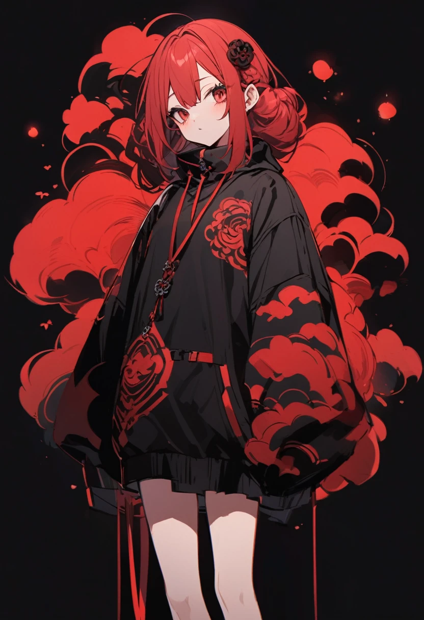 Girl with red cloud motif,Pitch black background,See-through garments