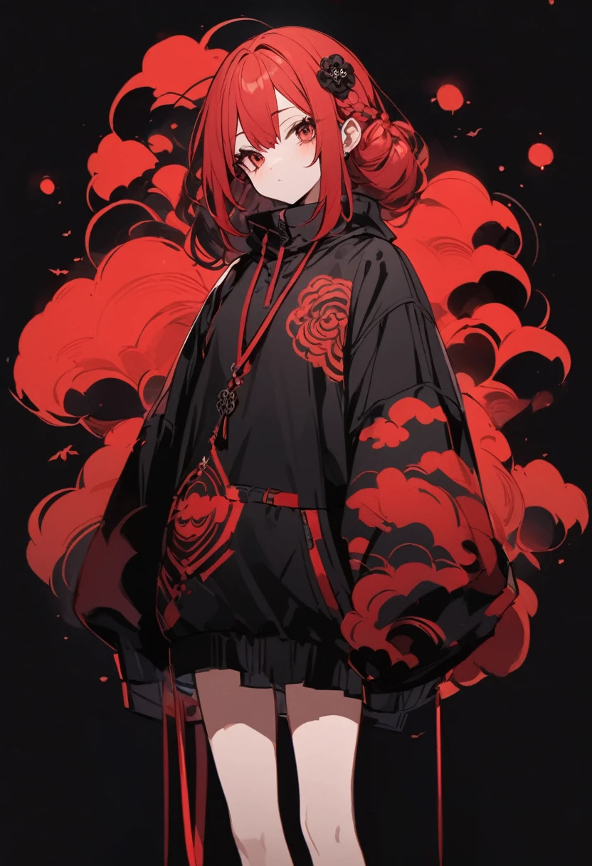 Girl with red cloud motif,Pitch black background,See-through garments
