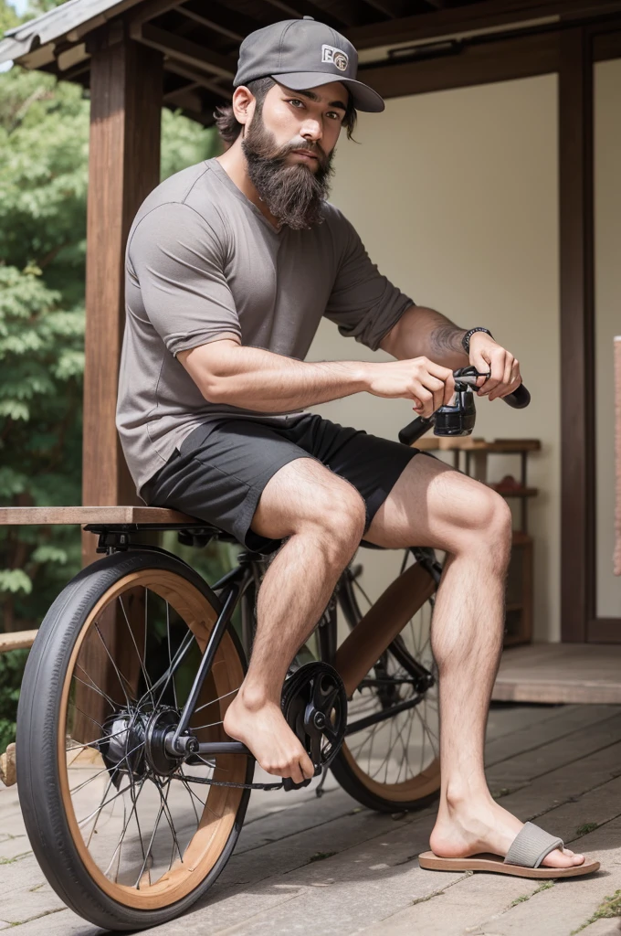 bearded boy drawing, wearing brown hat, gray shirt and shorts, wearing slippers on a pagoda wheel.