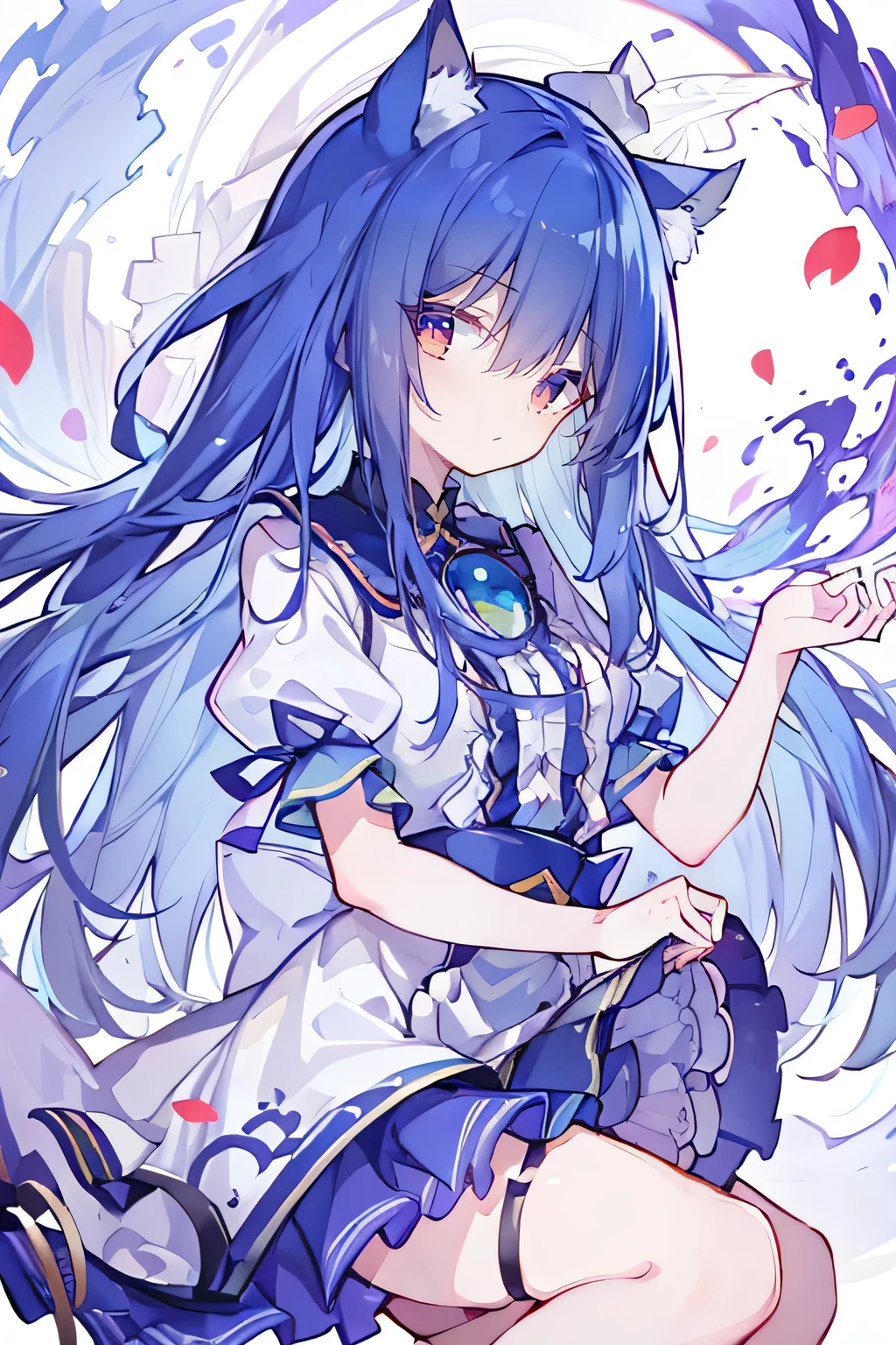 （masterpiece：1.2），Super detailed，lifelike，Expressive eyes，fair skin，perfect face shape，1 girl，
Japanese comics,Gorgeous blue hair,flowing blue hair,flowing clothes,Cat ears,Petals fall,beautiful lola,Baby Angel,
Shaking head with one hand，Cross your legs，，The pavilion is cool and comfortable,smile,back views,sunrise,Petals fall