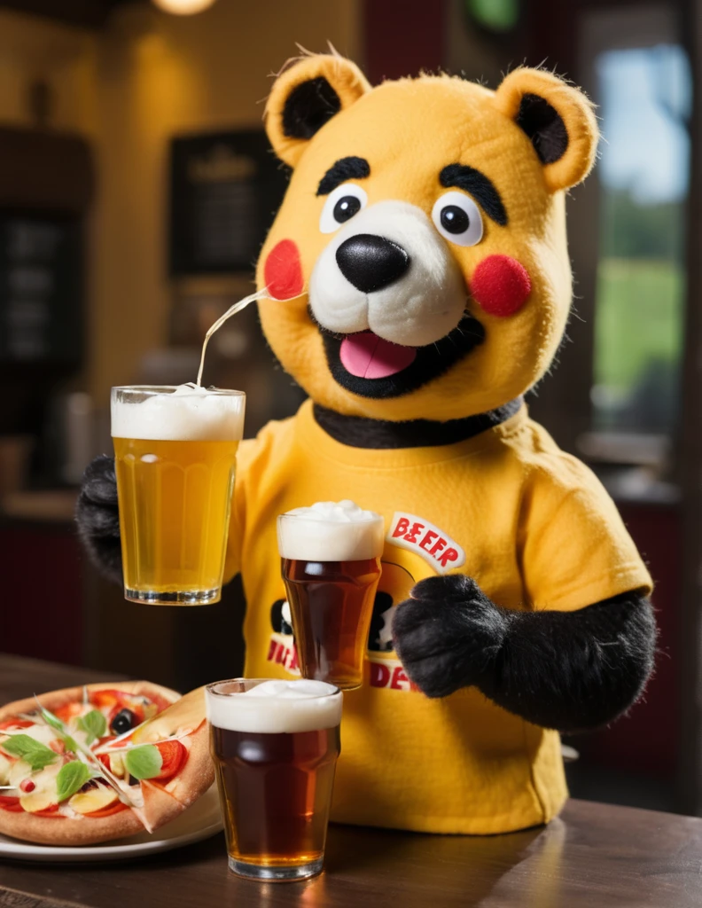 in a felt puppet world style A cute panda bear wearing a yellow t-shirt that says "I â¤ BEER" and holding a pint of beer and a slice of pizza.